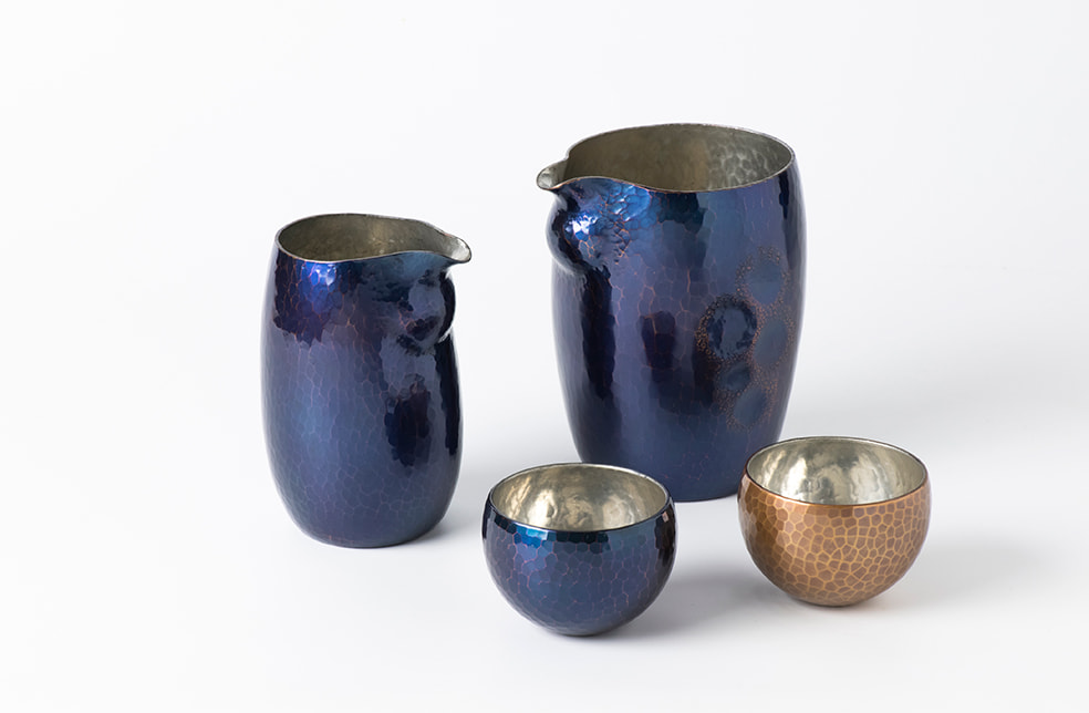 鎚起銅器 ぐい呑み・徳利(青藍・金茶)